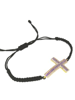 Ochranný náramok Zlatý kríž s fialovými kamienkami